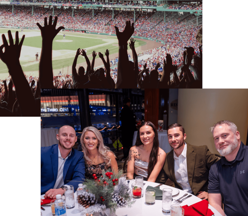 3dB Labs team members at a company outing at a ballpark and at a holiday dinner