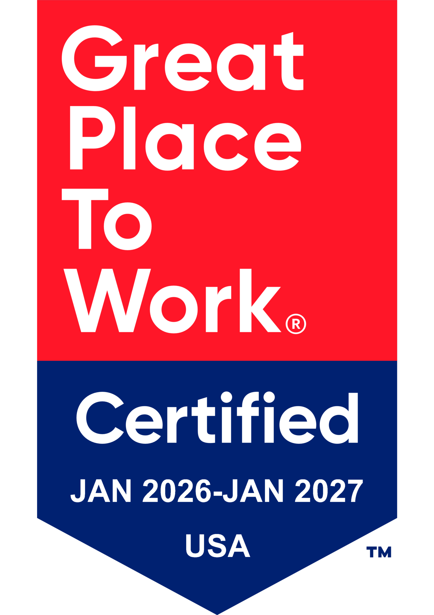 Great Place To Work Certified badge, January 2026 to January 2027, USA