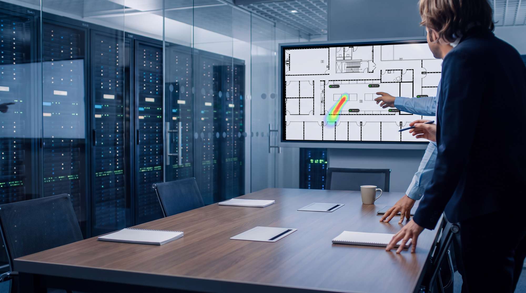 Secure facility briefing room with server racks