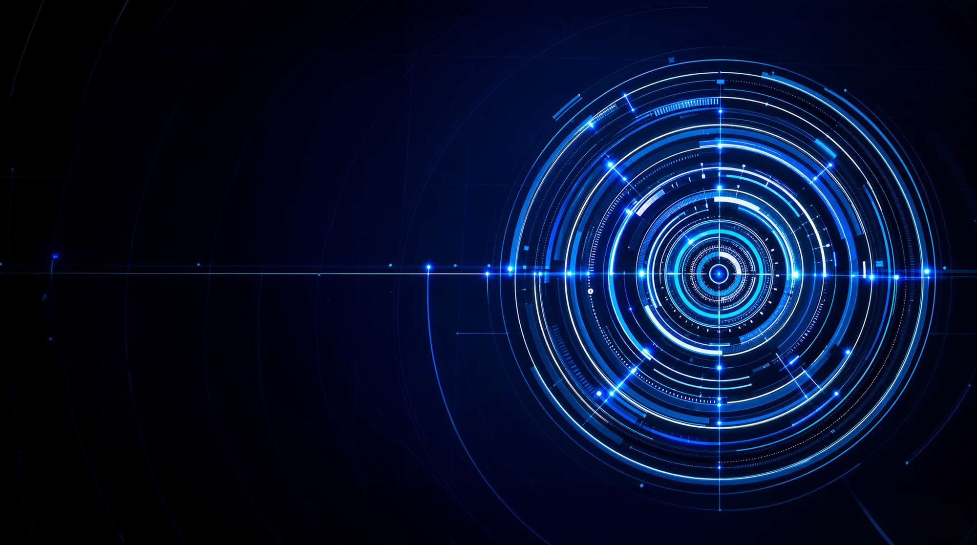 Abstract concentric blue HUD rings and radial tick marks on a dark navy field