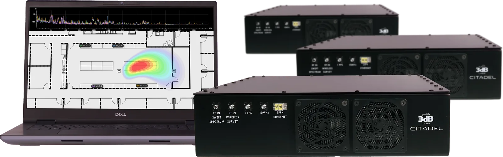 Three Citadel sensor nodes alongside a Monarch laptop running Sceptre, showing a swept spectrum trace and a floor-plan heat map locating a signal of interest