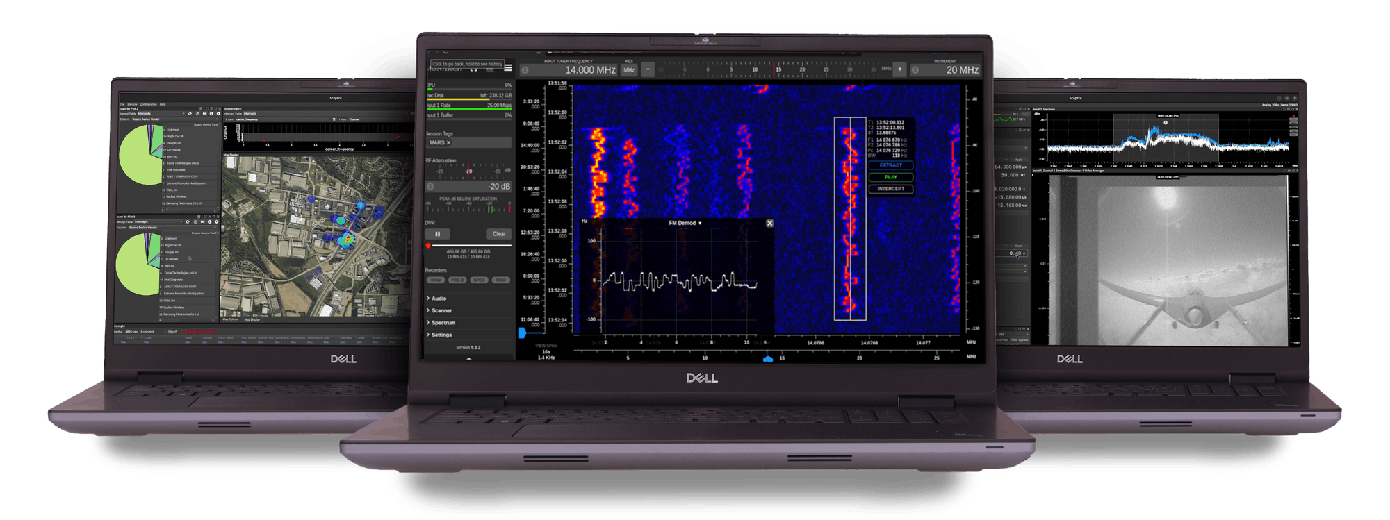 Three Monarch LT laptops running Sceptre — intercept analysis, spectrogram with FM demod, and a video/spectrum view