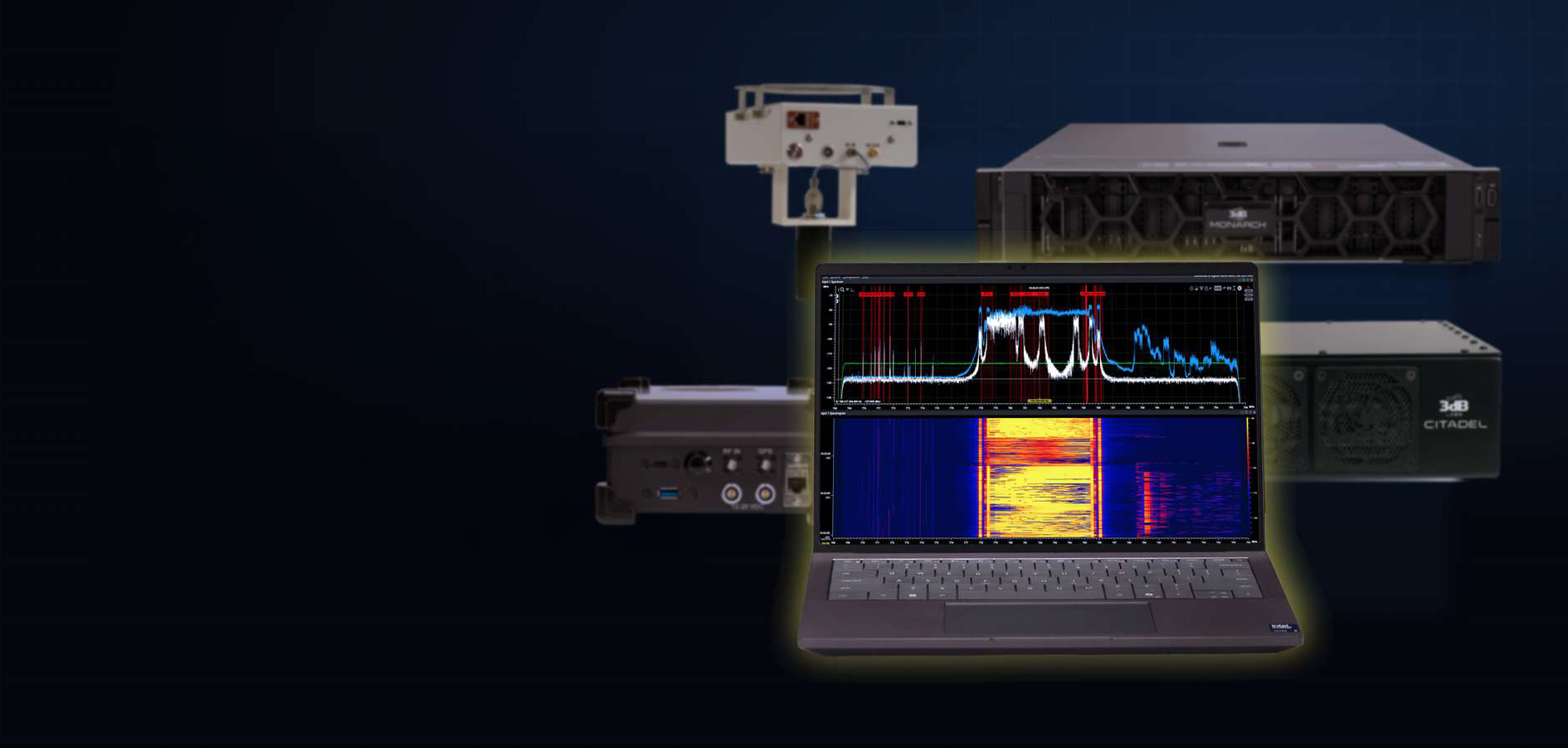 MONARCH laptop running a Sceptre spectrum and spectrogram display, with a MONARCH rack server, CITADEL edge node, and ruggedized field units behind it