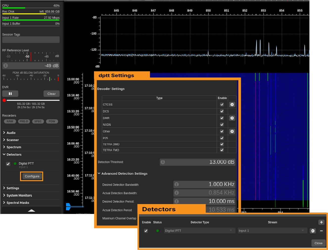 Control of Detectors screen