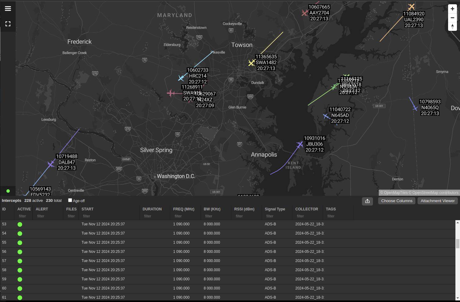 Web Intercepts screen